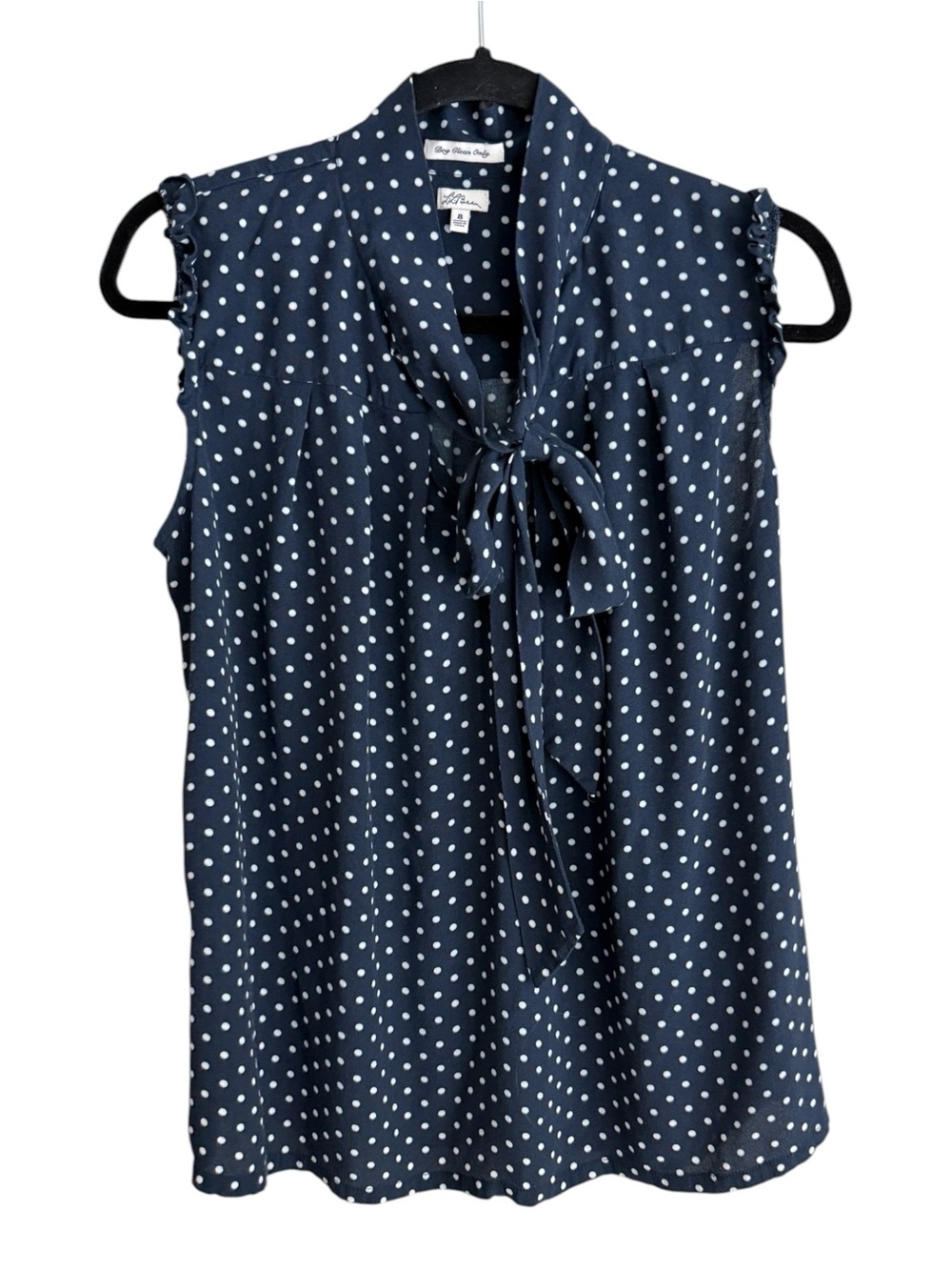 L.L. Bean Sz 8 Navy and White Polka Dot Tie-Neck Sleeveless Blouse